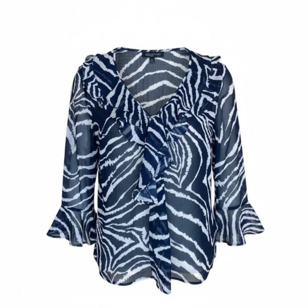 90’s, Jones New York Women’s Blue Zebra Ruffle Semi Sheer Blouse Size Small